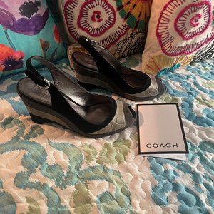 COACH  Abrianna Wave Patchwork Suede Black/Gunmetal Slingback Wedges